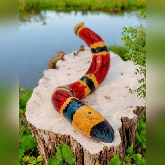None Other - Colorful Handcrafted Wooden Snake Decor Coral 4 Inch Fits Around A Rod